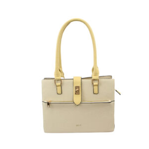 Shoulder Bag with structured design, double top handles, front zip pocket and secure flap lock closure.