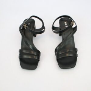 Strappy heel sandals with buckle ankle strap and square toe design.
