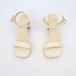 Strappy heel sandals with buckle ankle strap and square toe design.