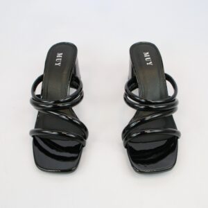 Open toe heel sandals with multi strap design and square toe style.