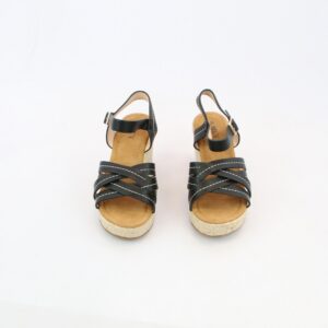 Cross strap wedge sandals with contrast stitch detail and slingback strap.