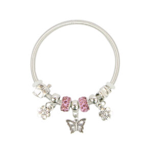 Silver charm bracelet with purple beads