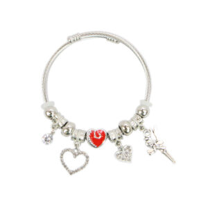 Silver charm bracelet with red beads