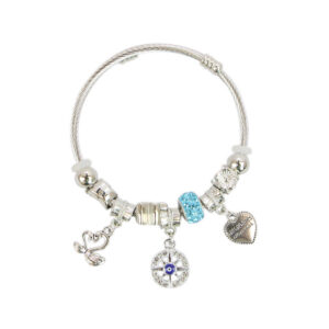 Silver charm bracelet with blue bead and starfish