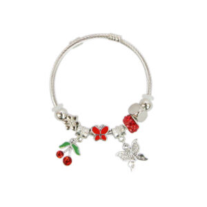 Silver charm bracelet with red clover and elephant