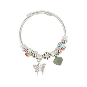 Silver charm bracelet with butterfly and crystal beads