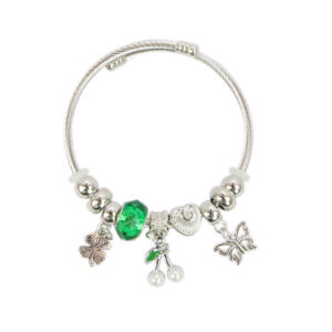 Silver charm bracelet with green bead and dove