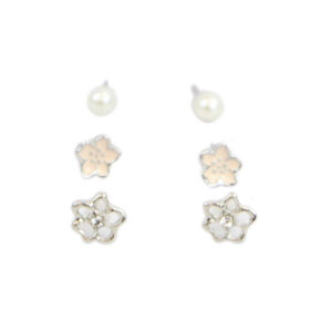 Silver floral stud earrings set with pearl detail