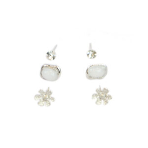 Silver mixed design stud earrings set with crystal and oval detail
