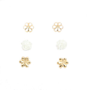 White rose and gold floral stud earrings set with crystal centre