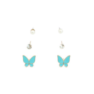 Pearl, gold butterfly and crystal stud earrings set
