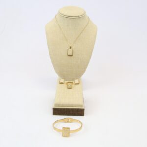 Stainless steel jewelry set with necklace, earrings, ring, and bangle design.