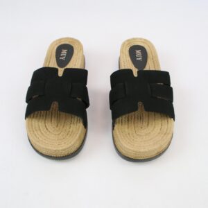 Black strap espadrille slide sandals.