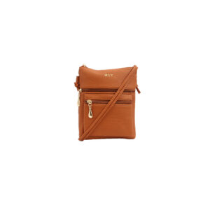 Compact crossbody bag with multiple zip pockets and adjustable shoulder strap.