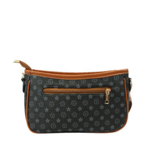 Printed pattern crossbody bag with zip closure and adjustable shoulder strap.