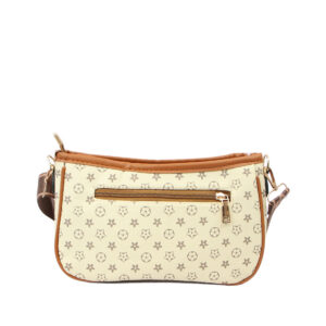 Printed pattern crossbody bag with zip closure and adjustable shoulder strap.