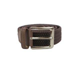 Braided stretch belt with metal pin buckle and elastic woven design.