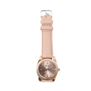 Classic analog wrist watch with textured bezel, crystal hour markers, and buckle strap.