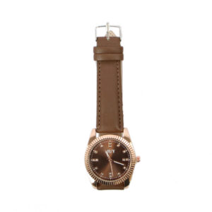Classic analog wrist watch with textured bezel, crystal hour markers, and buckle strap.