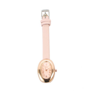 Elegant oval wrist watch with Roman numeral dial and textured strap for everyday wear.