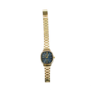 Square dial analog wrist watch with Roman numeral markers and metal link strap.