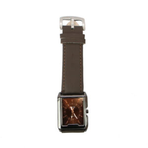 Rectangular dial analog wrist watch with minimalist markers and buckle strap.