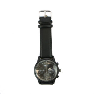 Classic mens watch with leather strap and clean dial design.