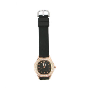 Round dial wrist watch with stone detail bezel and textured strap for everyday wear.