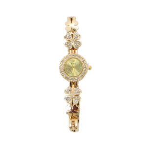 Floral link bracelet watch with stone detail bezel and round dial for party and casual wear.