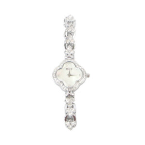 Decorative bracelet watch with clover shaped dial and stone detail links for party and occasion wear.