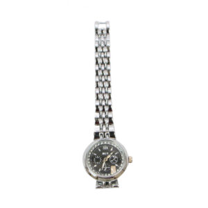 Classic round dial wrist watch with stone detail bezel and metal link strap for everyday wear.