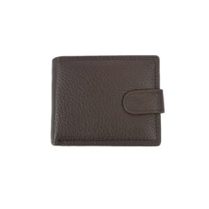 Textured bifold wallet with snap tab closure and multiple card compartments.