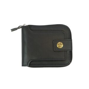 Compact bifold wallet with zip pocket and snap button tab closure.