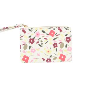 Heart print compact wallet with zip coin pocket and multiple card slots.