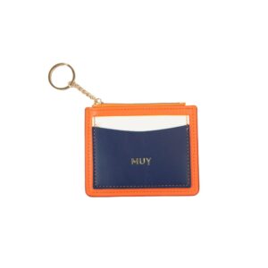 Slim card holder with zip coin pocket and keyring chain attachment.