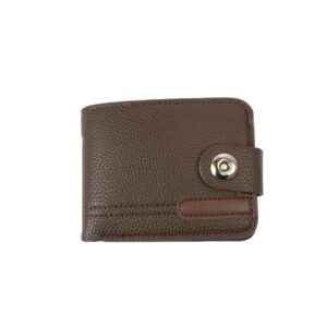 Textured bifold wallet with snap button tab closure and compact card storage.
