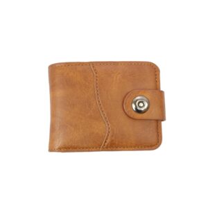Curved panel bifold wallet with snap button tab closure and compact design.