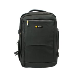 Mens structured backpack with top handle, front zip pocket, and adjustable shoulder straps.