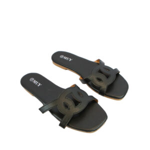 Flat slide sandals with textured finish and cut-out strap detail.