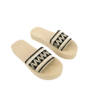 Flat slide sandals with woven strap detailing and decorative trim design.