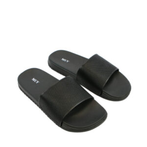 Mens slide sandals with wide textured strap and cushioned sole for casual everyday wear.
