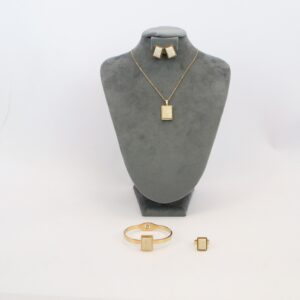 Stainless steel jewelry set with necklace, earrings, ring, and bangle design.