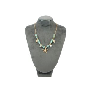 Beach style beaded necklace with mixed shells and starfish charms for casual summer wear.