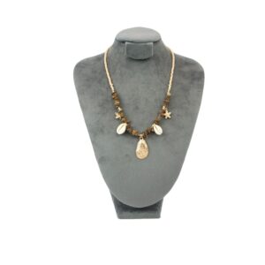 Beach style beaded necklace with mixed shells and starfish charms for casual summer wear.