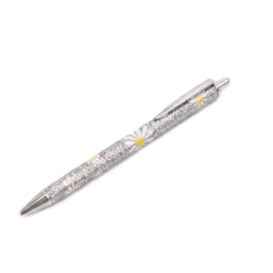 Glitter metal ballpoint pen with floral design.
