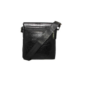 Textured crossbody bag with flap closure and logo detail.