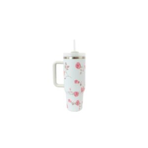 Stainless steel travel mug with handle, flip lid and floral print design for everyday use.