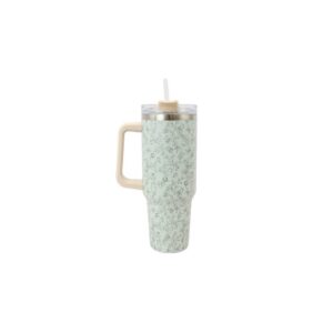 Printed insulated travel mug with handle and clear lid for everyday drinks.