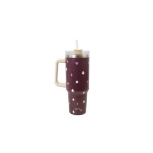 Printed insulated travel mug with handle and clear lid for everyday drinks.
