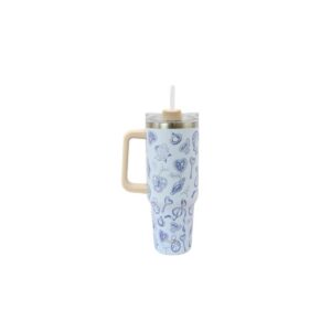 Printed insulated travel mug with handle and clear lid for everyday drinks.